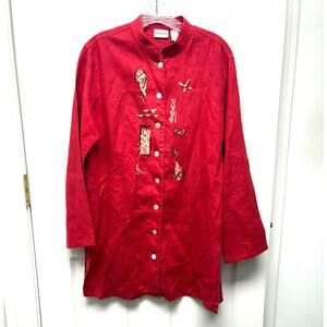 Chicos Blouse Red Linen Tunic Fish Mandarin Collar Button Up Size 1 or Women’s M